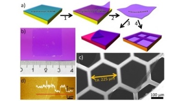 (a) Schematic representation of the fabrication of nanosheets and their transfer onto arbitrary substrates. A self-assembled monolayer of BPT is cross-linked by electron irradiation (1). The resulting nanosheet can be released from the substrate (2) and transferred to solid substrates (3) or over the openings of a grid (4). (b) Optical micrograph of a large piece of nanosheet transferred onto a Si wafer containing a 300nm thick layer of native SiO2. (c) Nanosheet spanned over the openings of a TEM grid. (d) AFM image of the edges of a transferred nanosheet, the corresponding line scan shows a sheet thickness of ∼1nm.