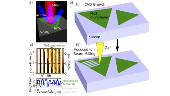 Schematic representation showing the excitation of the patterned MoS2, as well as the procedure of nanopattering of the devices
