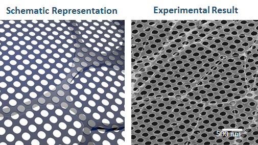 Schematic Representation of a CNM on a TEM grid next to actual experimental results