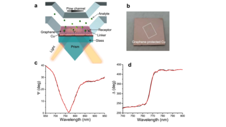 Graphene-protected Cu SPR biosensor with its ellipsometric parameters shown in c) and d).