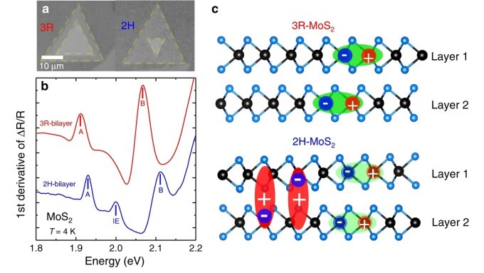 A Optical microscope images of as-grown 3R (left) and 2H CVD MoS2 bilayers (right) on SiO2/Si before pick-up. b First derivative of white light reflection spectrum for as-grown 2H-bilayer (blue) and as-grown 3R-bilayer (red), recorded at T = 4 K, both bilayers are encapsulated in high-quality hBN for optical spectroscopy29. c Schematic of 3R stacked bilayer with intralayer excitons (top) compared to 2H stacked bilayer where in addition interlayer excitons are observed as in panel (b).